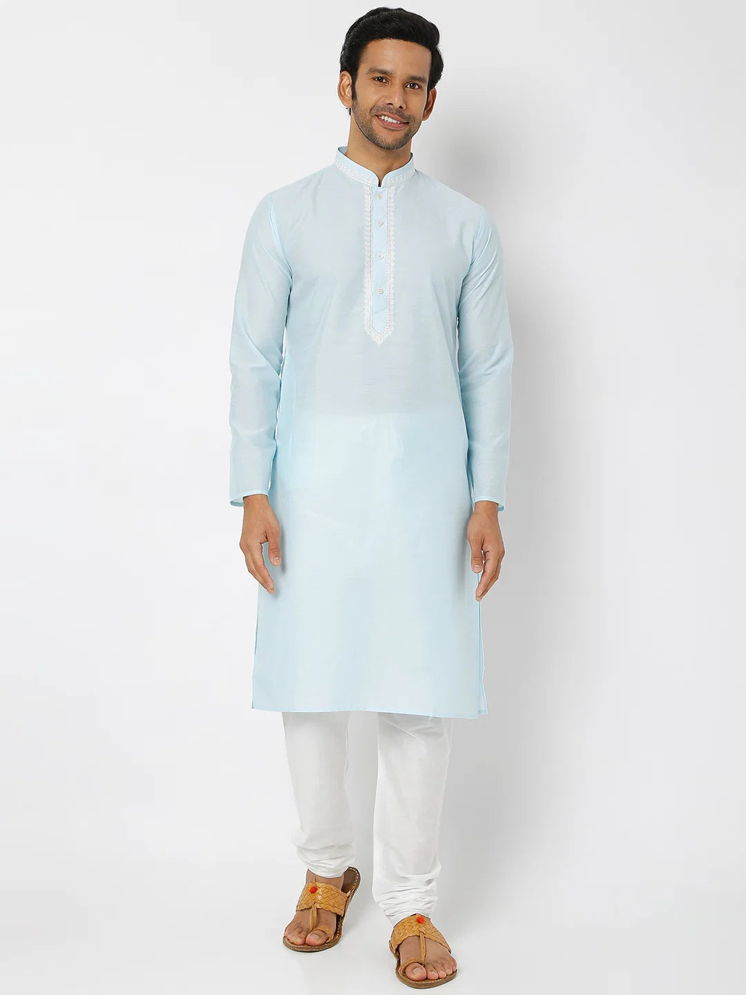 Men's Blue Polyester Cotton Embellished Kurta Churidar Sets