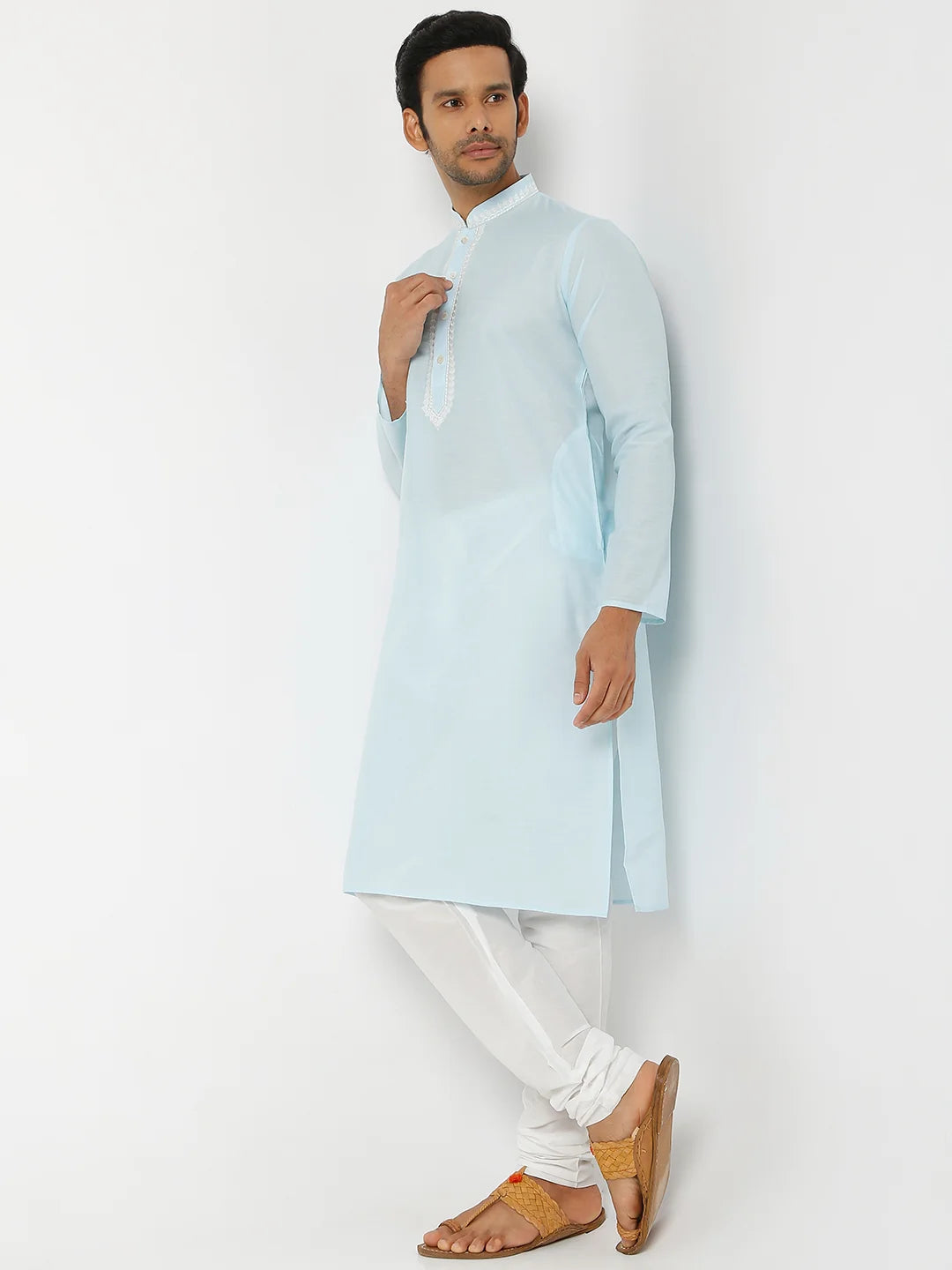 Men's Blue Polyester Cotton Embellished Kurta Churidar Sets