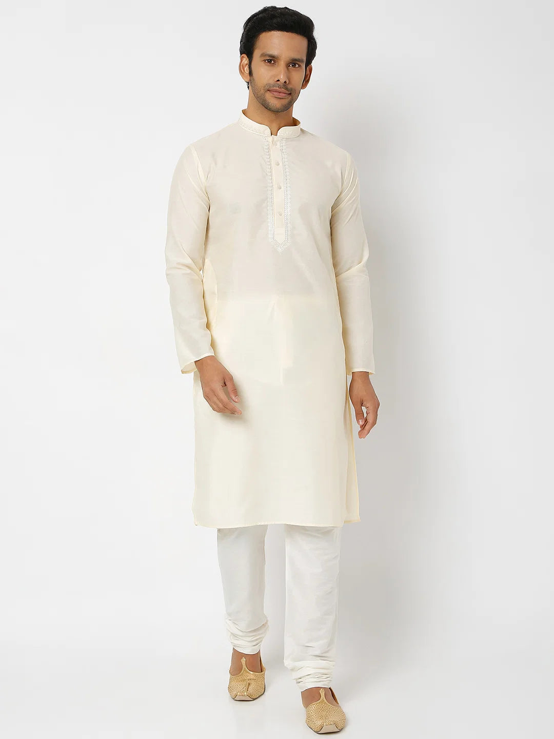 Men's Blue Polyester Cotton Embellished Kurta Churidar Sets