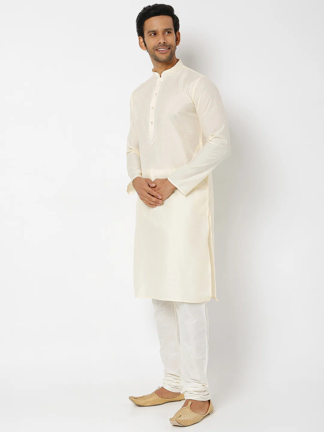 Men's Blue Polyester Cotton Embellished Kurta Churidar Sets