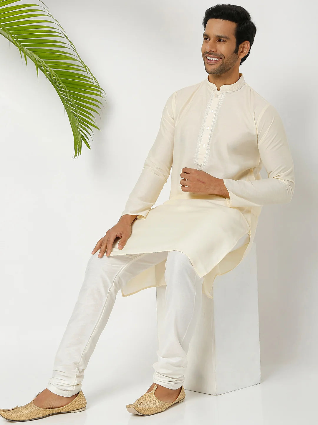 Men's Blue Polyester Cotton Embellished Kurta Churidar Sets