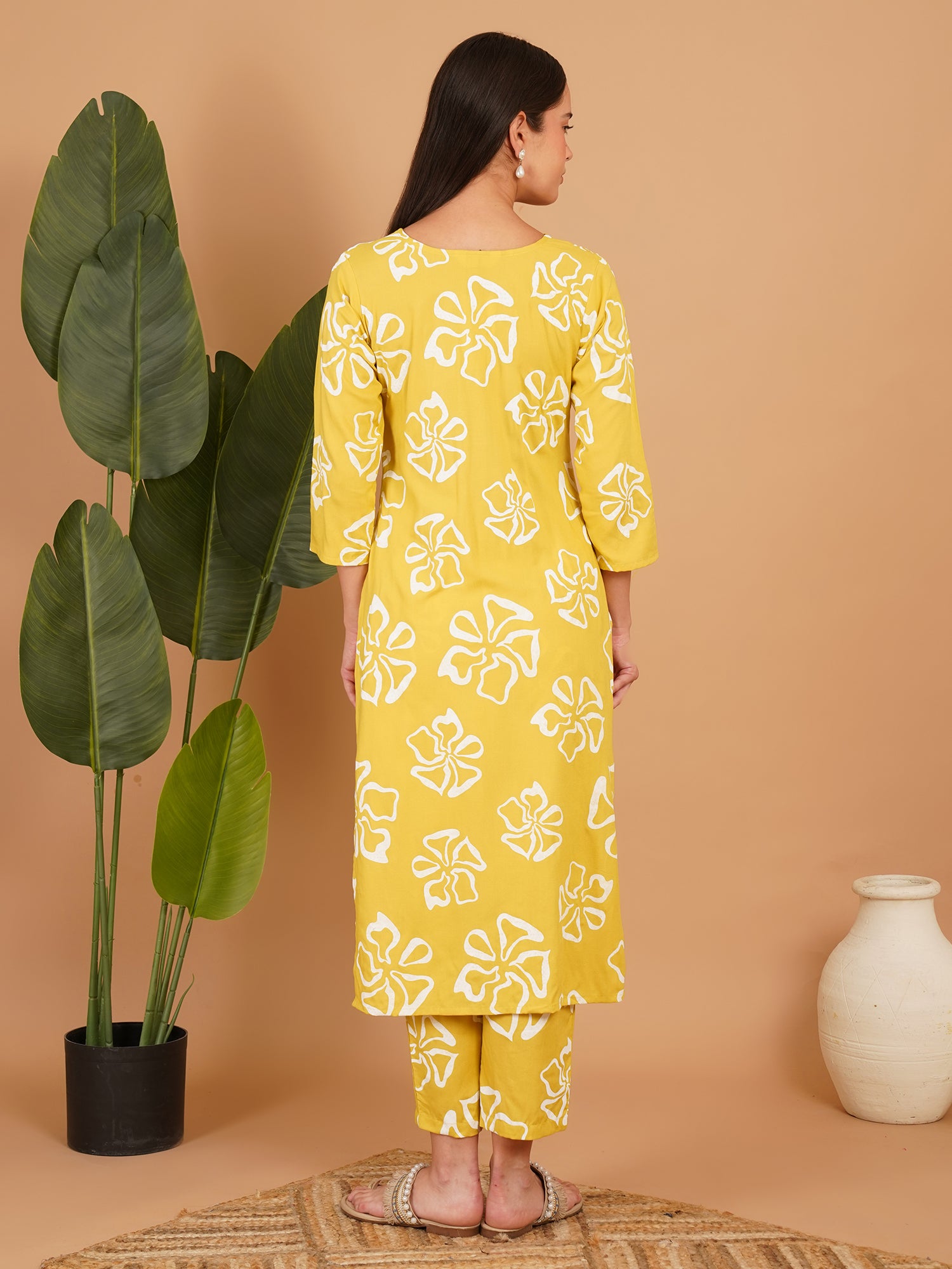 Mustard Yellow Floral Printed Straight Kurta Set with Palazzo Pants