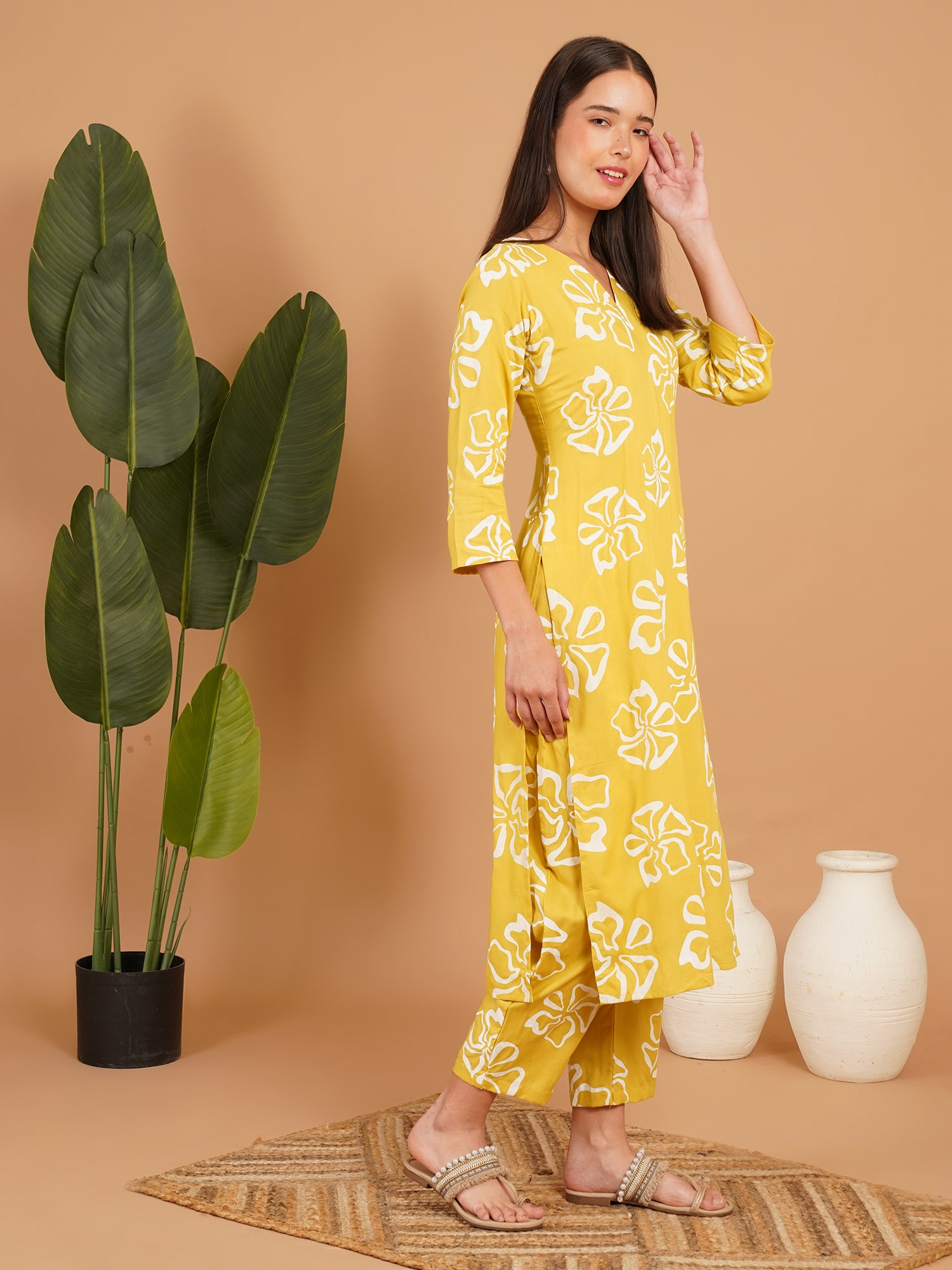 Mustard Yellow Floral Printed Straight Kurta Set with Palazzo Pants