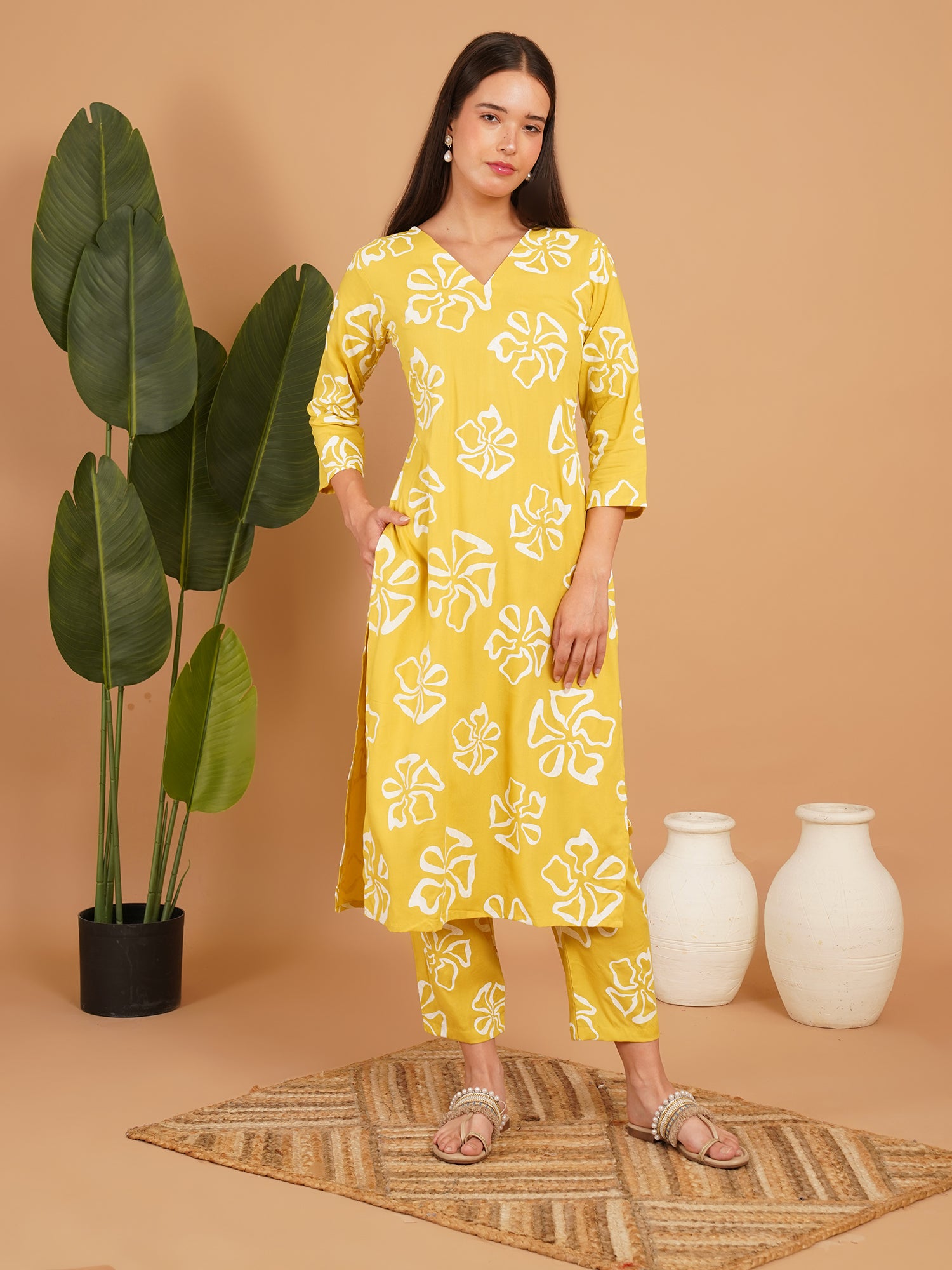 Mustard Yellow Floral Printed Straight Kurta Set with Palazzo Pants