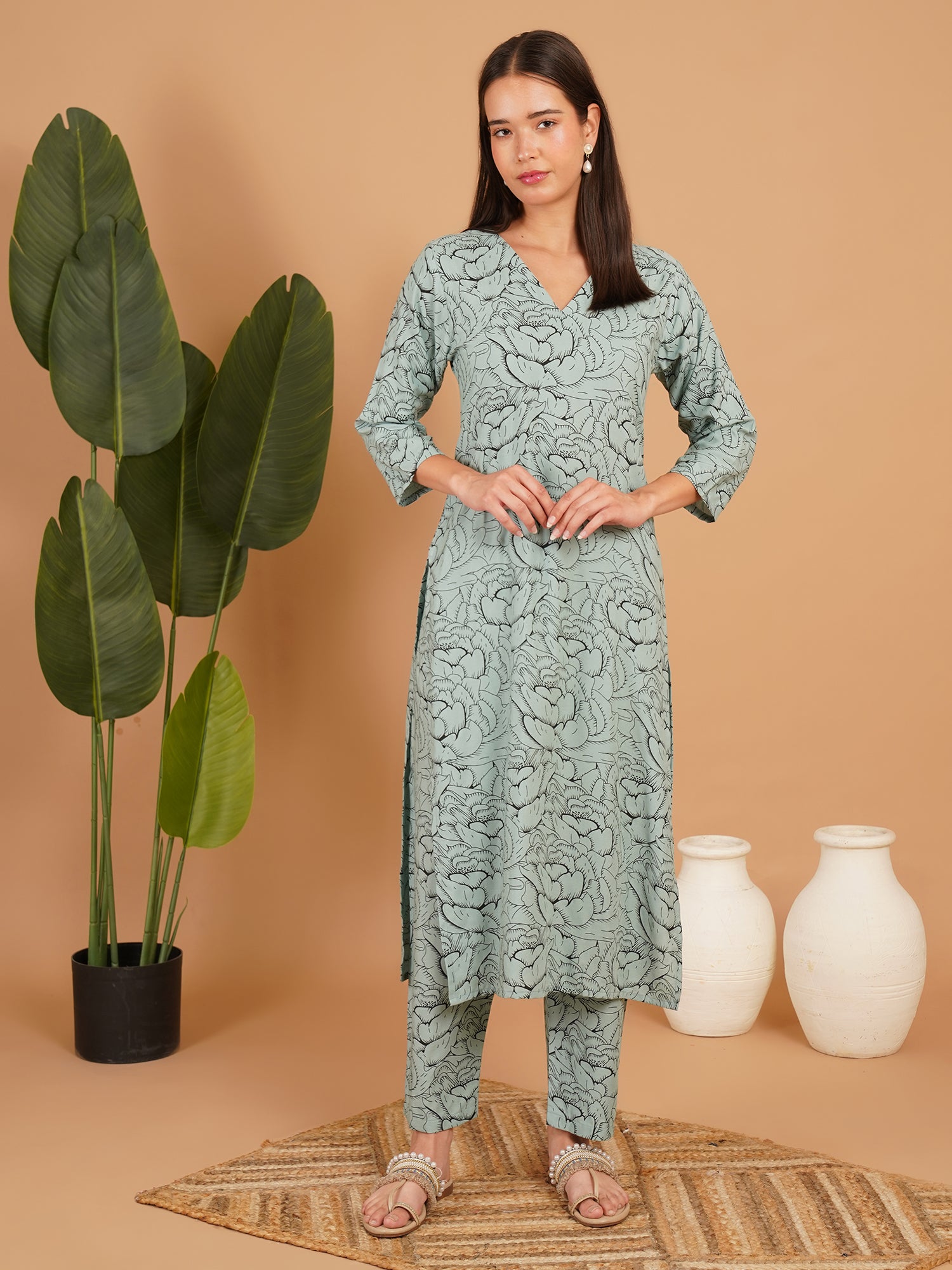 Sage Bloom Printed Straight Kurta Set