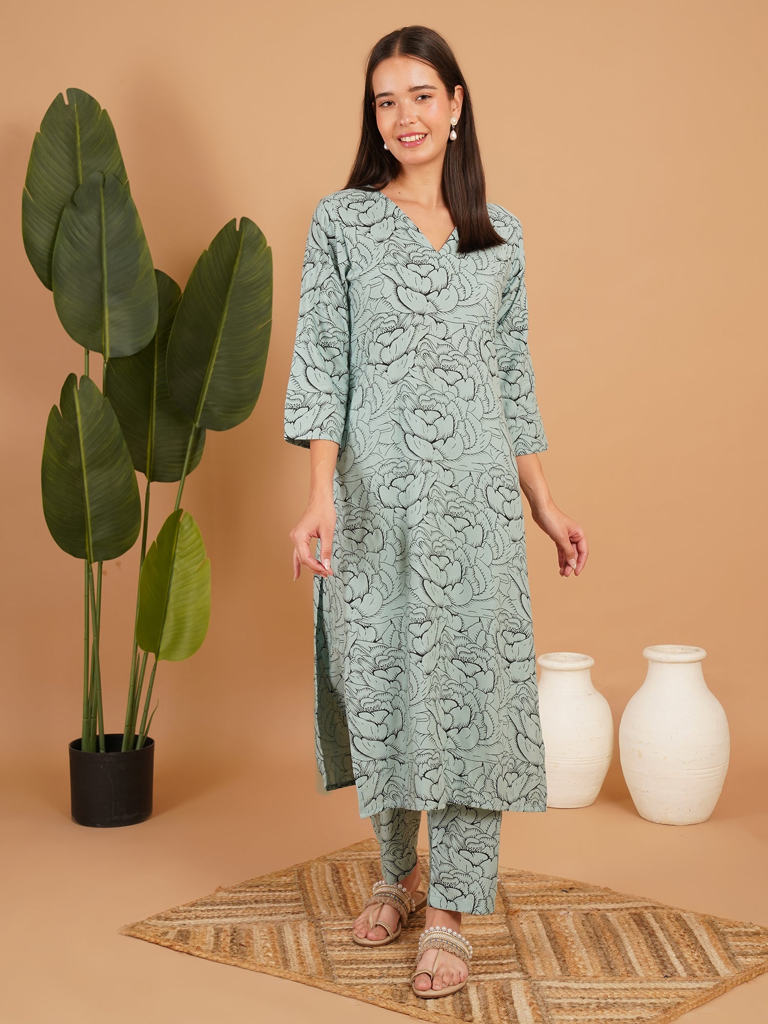 Sage Bloom Printed Straight Kurta Set