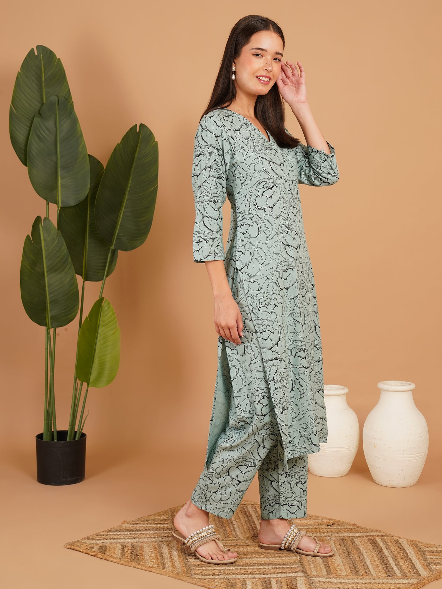 Sage Bloom Printed Straight Kurta Set