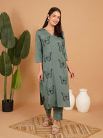 Animal Printed V-Neck Straight Kurta With Trousers