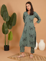 Animal Printed V-Neck Straight Kurta With Trousers