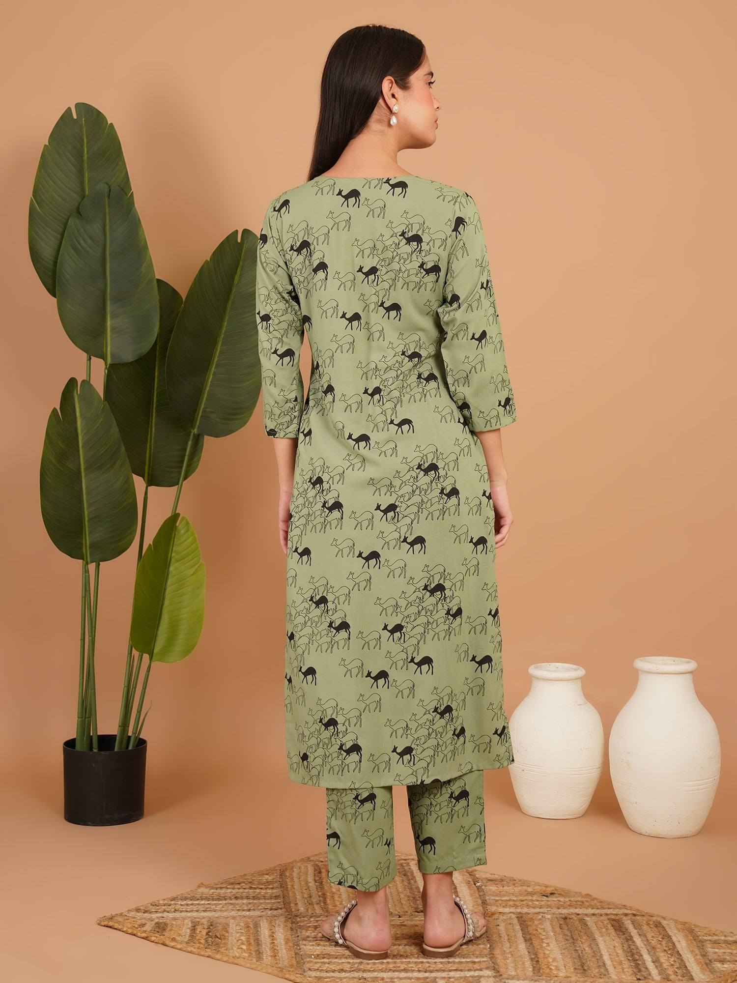 Olive Safari Printed Straight Kurta Set