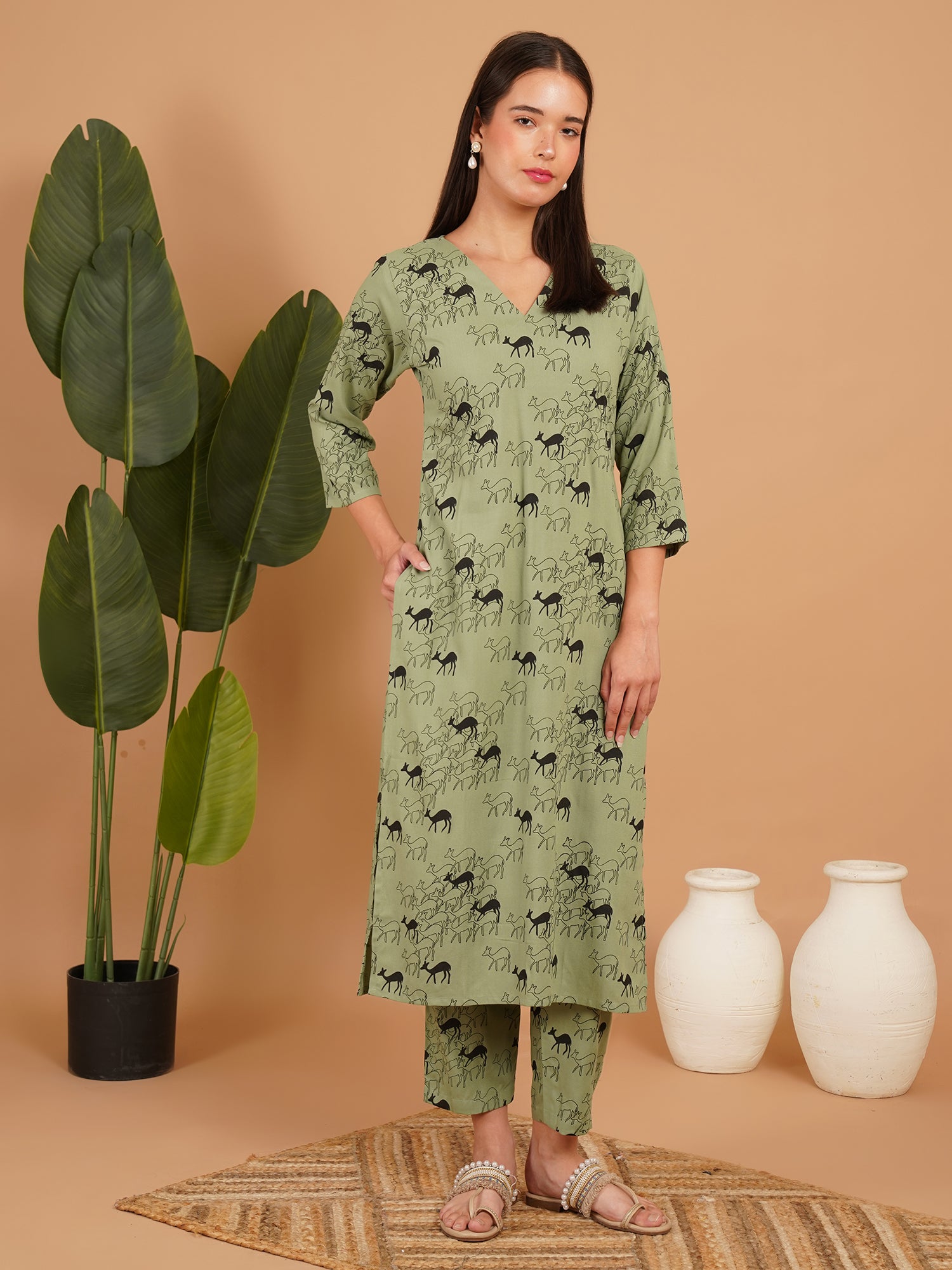 Olive Safari Printed Straight Kurta Set
