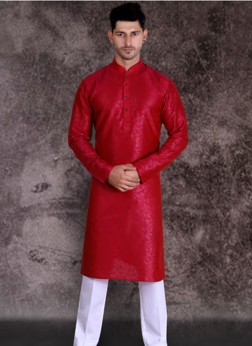 Men Wedding Special Plain Red Kurta
