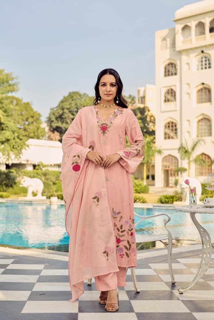 Floral Embroidered Straight Suit Set