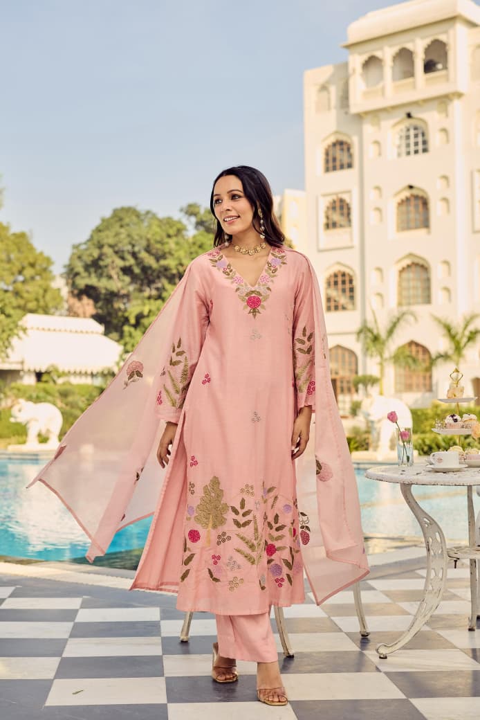 Floral Embroidered Straight Suit Set