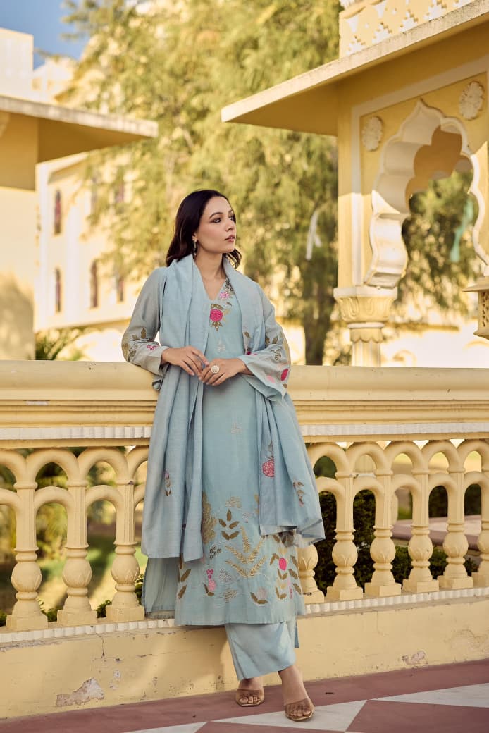 Floral Embroidered Straight Suit Set