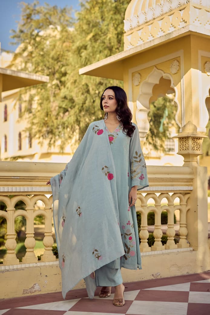 Floral Embroidered Straight Suit Set