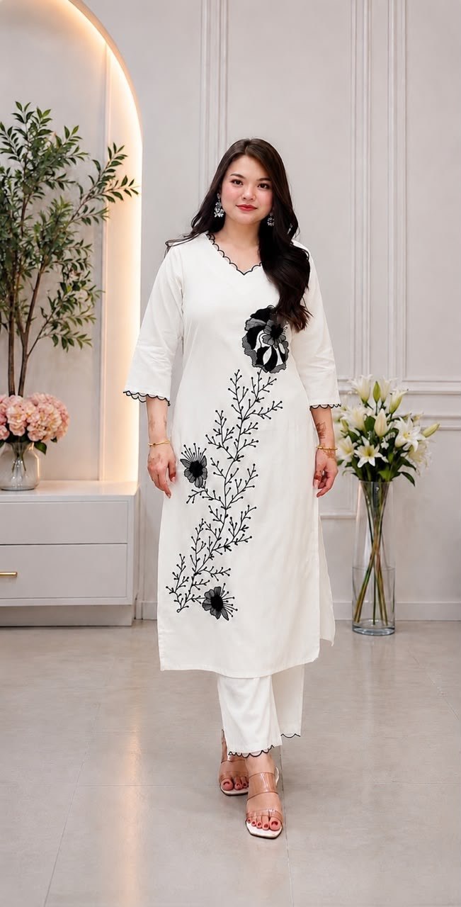 Elegant White Floral Printed Kurta Set