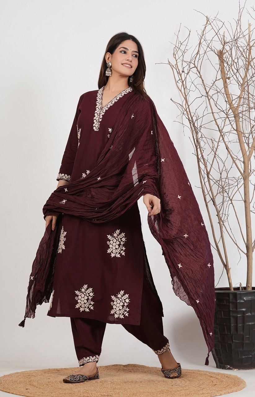 Zariya Rust Embroidered Roman Suit Set