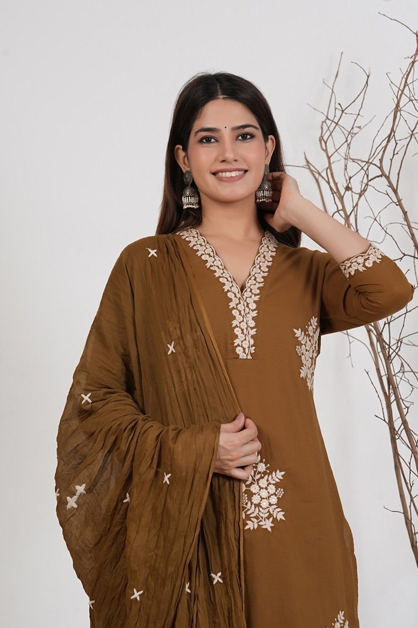 Zariya Rust Embroidered Roman Suit Set