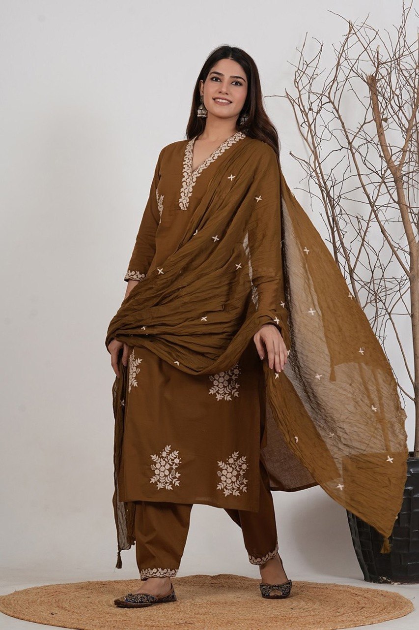 Zariya Rust Embroidered Roman Suit Set