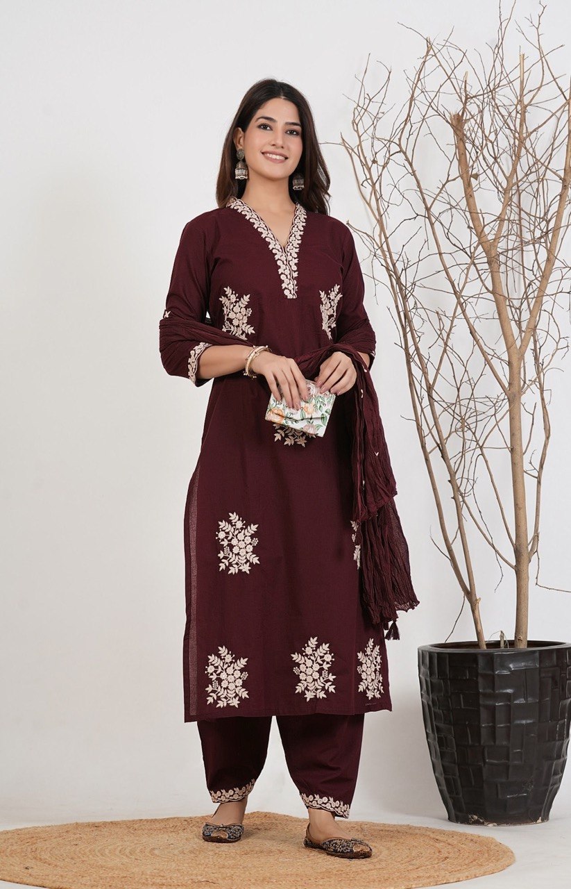 Zariya Rust Embroidered Roman Suit Set