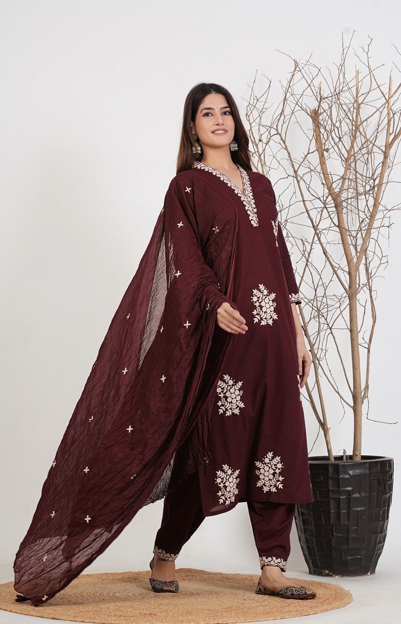 Zariya Rust Embroidered Roman Suit Set
