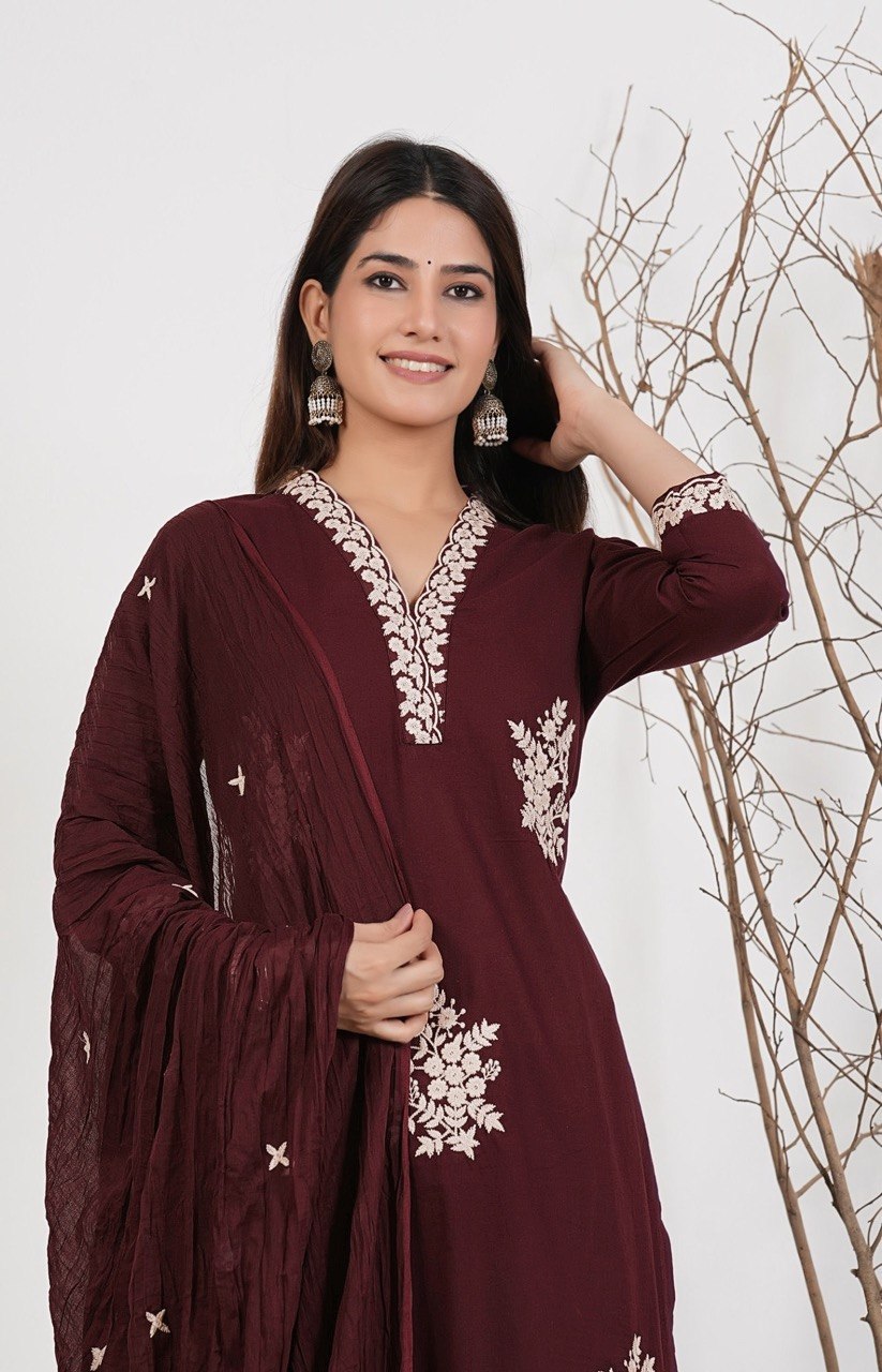 Zariya Rust Embroidered Roman Suit Set