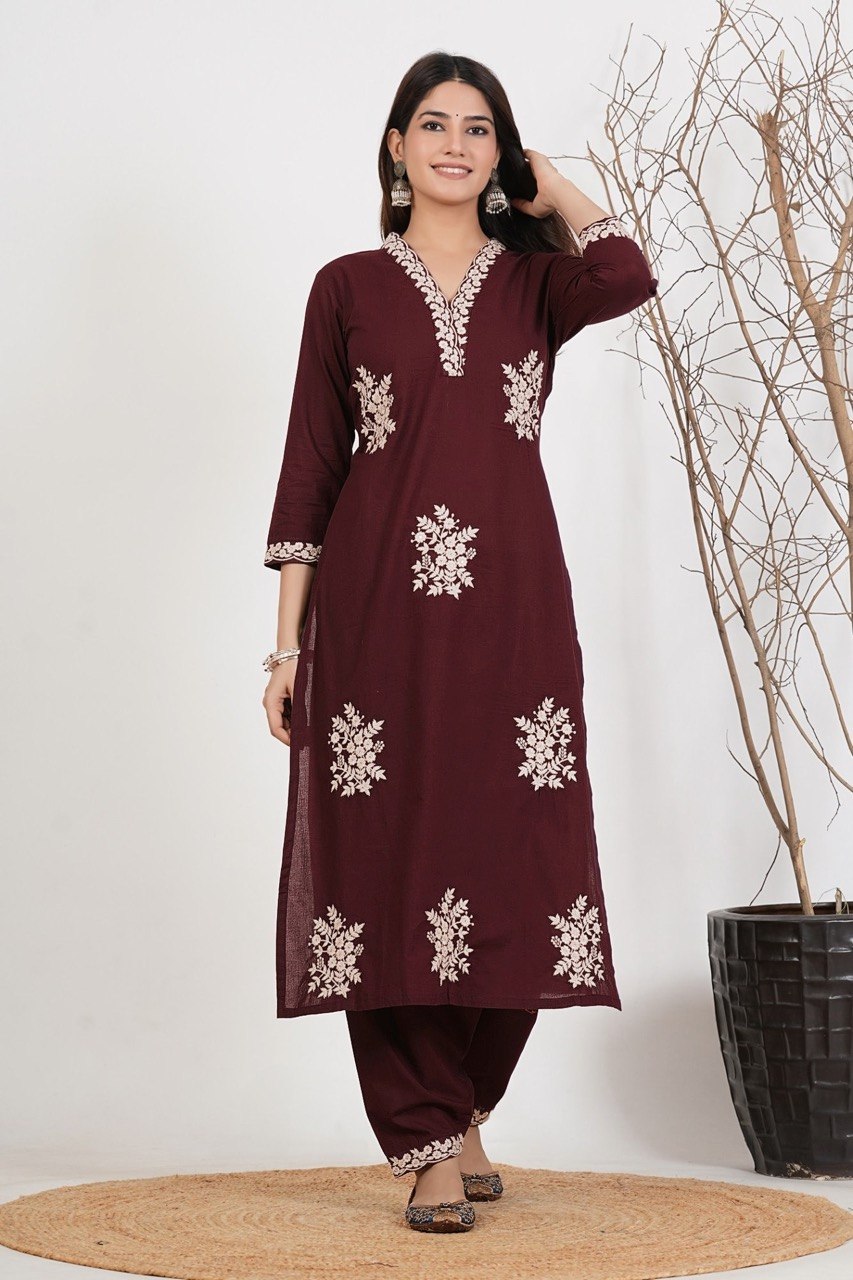 Zariya Rust Embroidered Roman Suit Set