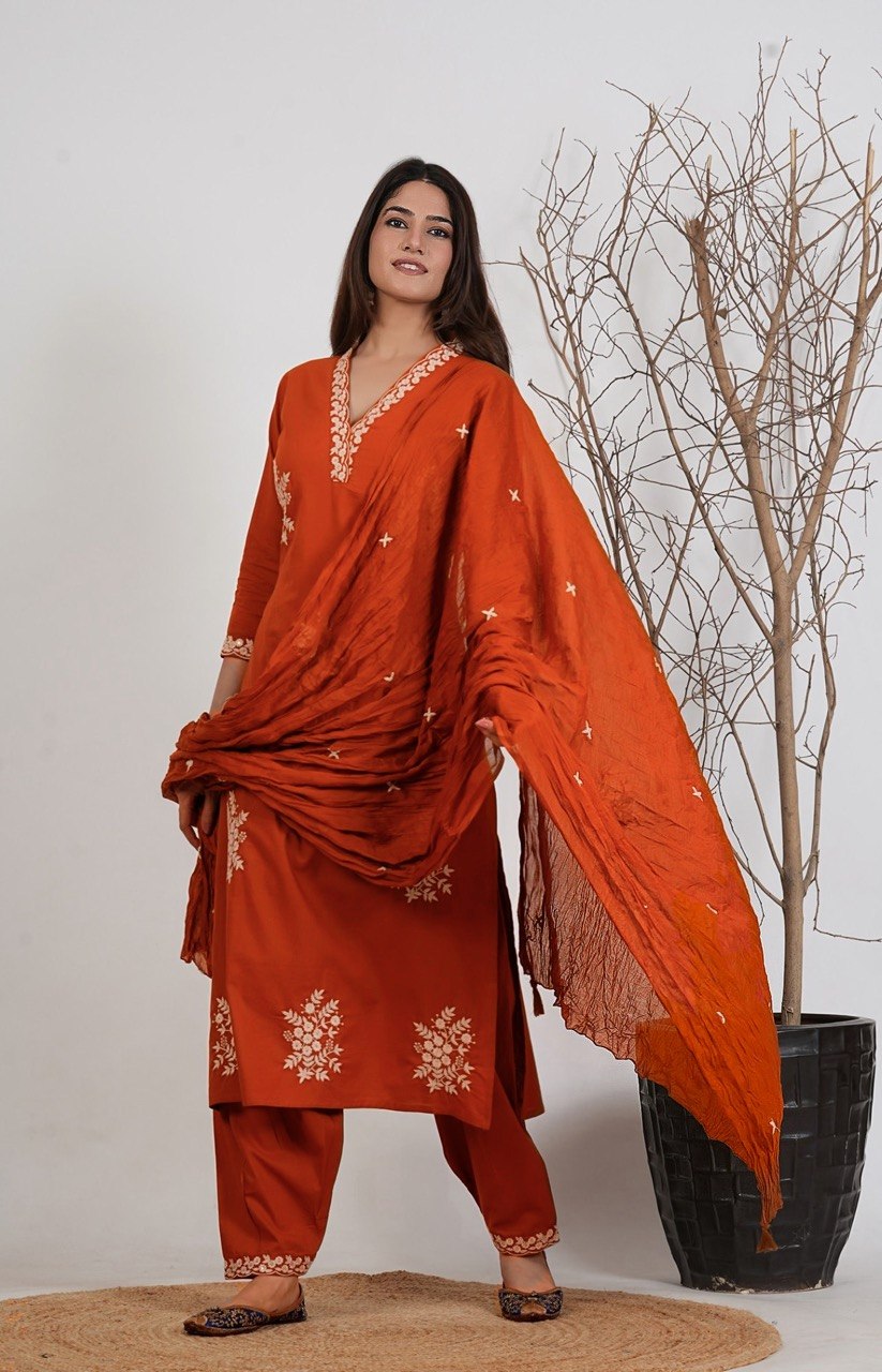 Zariya Rust Embroidered Roman Suit Set