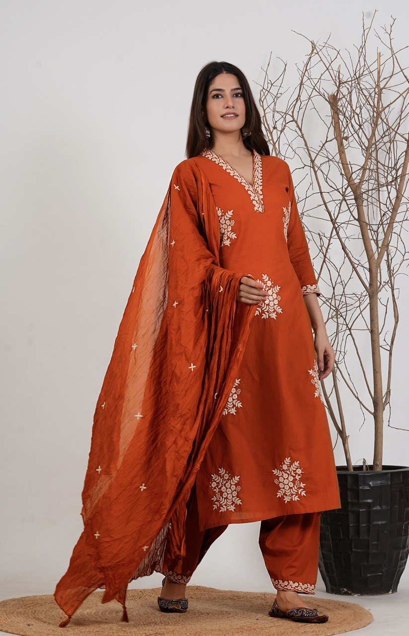 Zariya Rust Embroidered Roman Suit Set