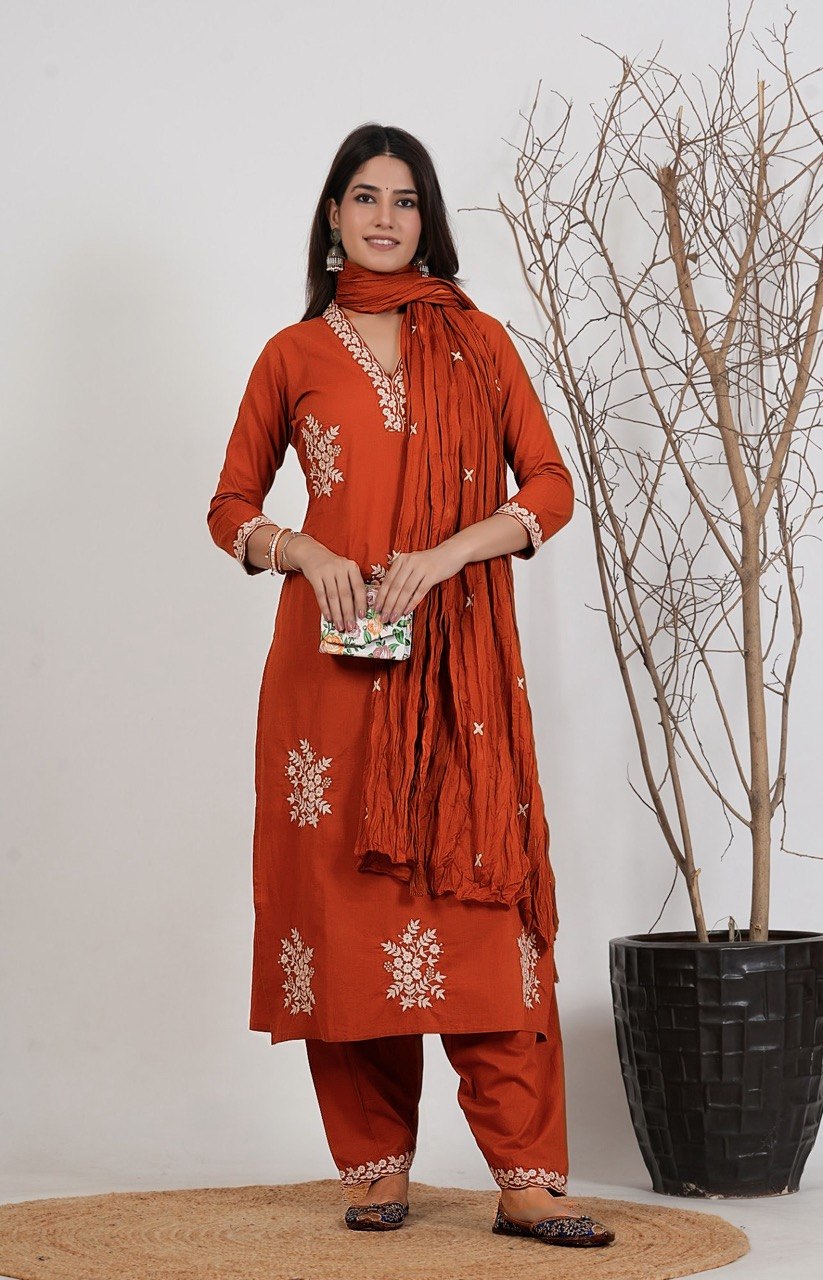 Zariya Rust Embroidered Roman Suit Set