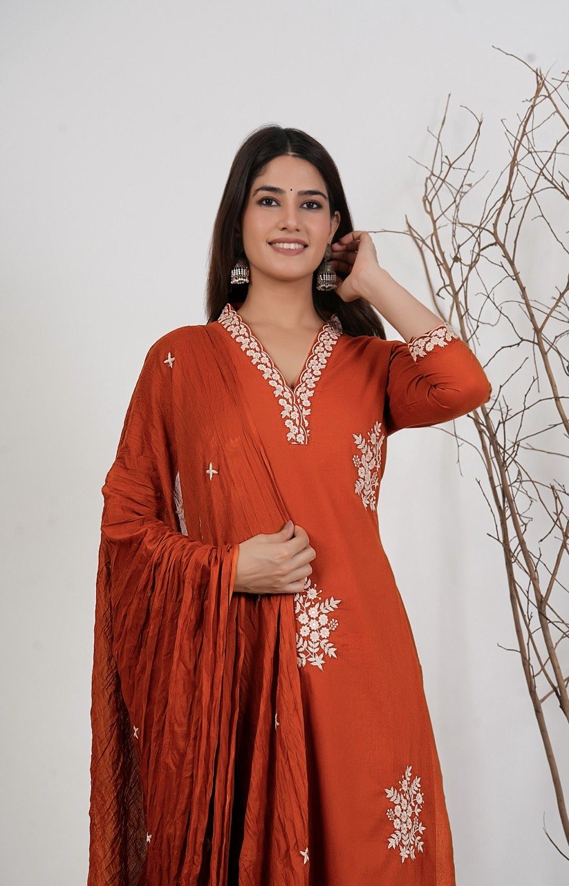 Zariya Rust Embroidered Roman Suit Set