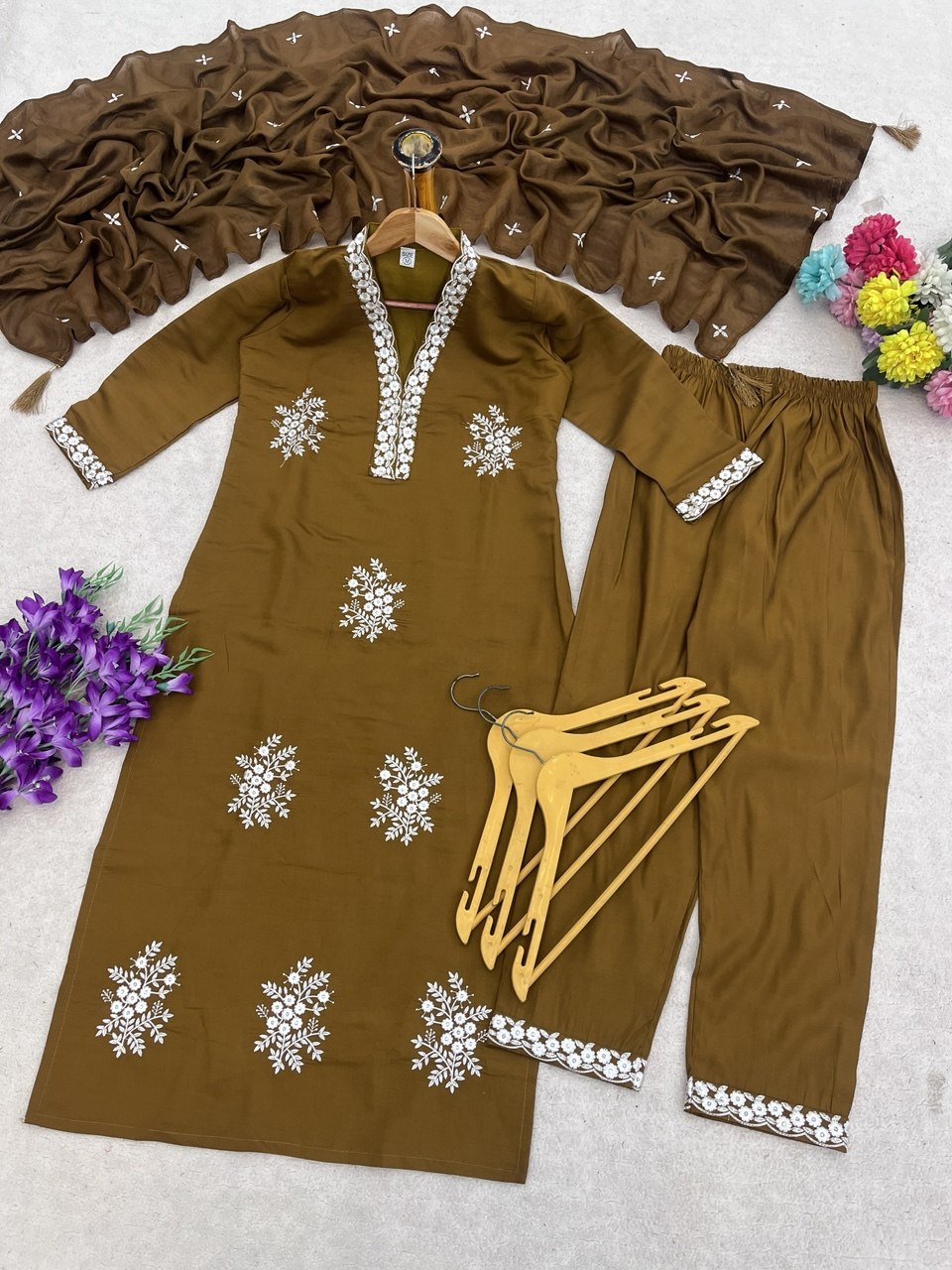 Zariya Rust Embroidered Roman Suit Set