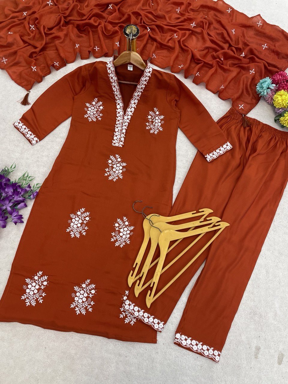 Zariya Rust Embroidered Roman Suit Set
